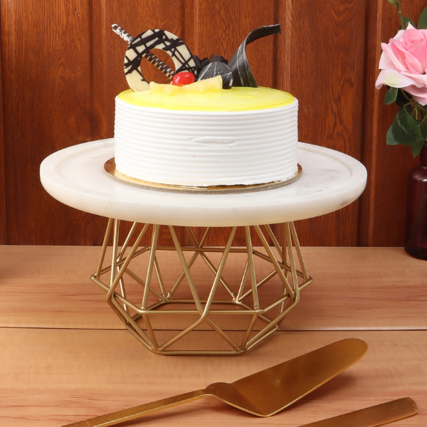 NikkisPride Cake Stand With Gold Finish Metal Base White Tappered Marble Top with Cake Cutlery Set of 3